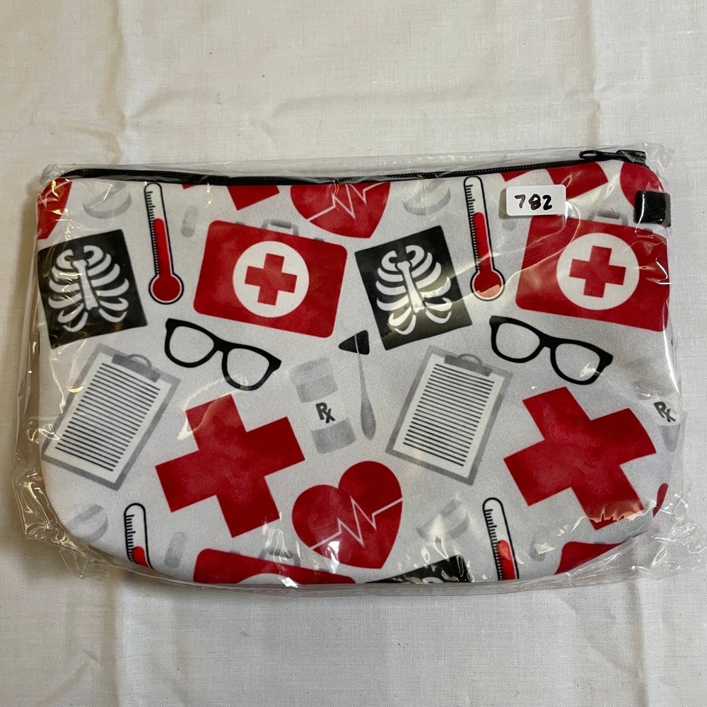 The Pouch Cosmetic Bag Red White NWT Medical Nursing Print Zipper Pouch